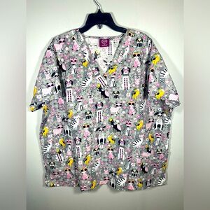 Gray and Pink Blouse with Playful Medical Pattern